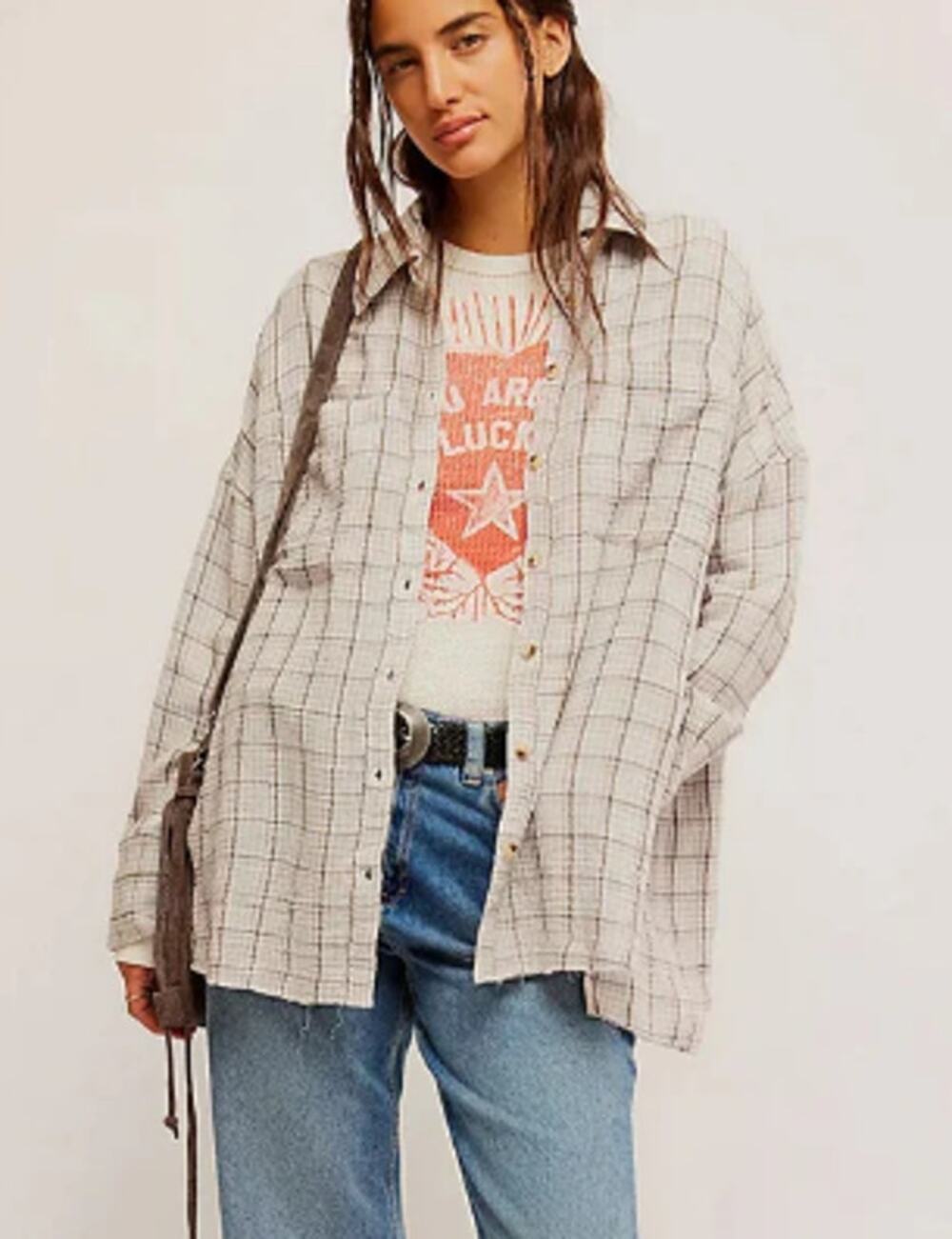 We The Free Cardiff Plaid Tunic Top Gauze Button Up Oversize Size Small $128 NWT